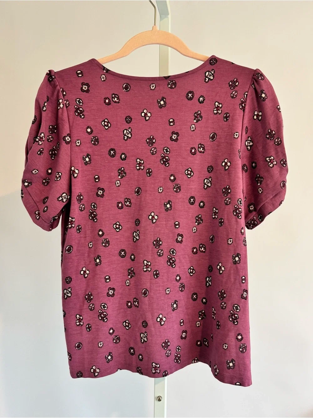 LOFT Outlet Floral Puff Ruched Sleeve Top Large Mauve Scoop Neck Soft Stretch